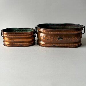 Set of 2 Vintage Fiosa Swiss Copper Planter Hand Hammered Oval Pots (8" & 5.5")